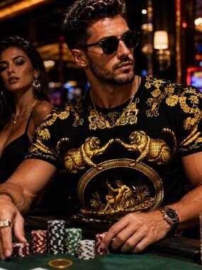 Mens Baroque Gold Print T Shirt Luxury Greek Medusa Style Graphic Designer Tee